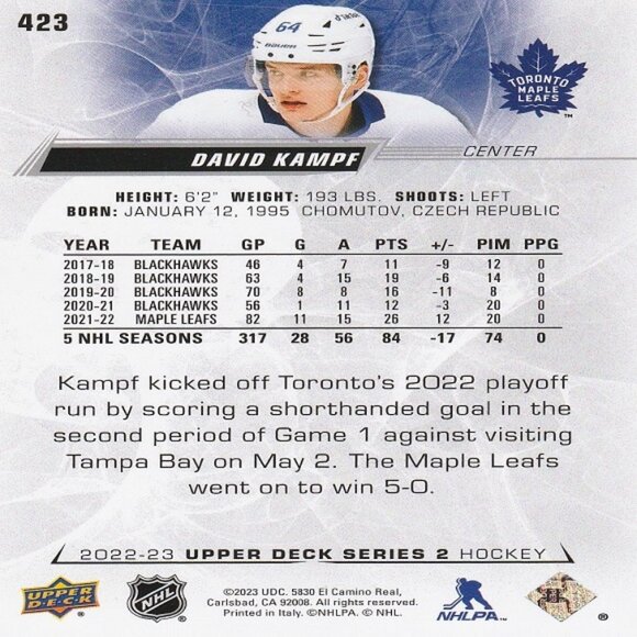 David Kampf - 2022/2023 Upper Deck Series 2 Hockey Card - Card Number 423 - Picture 2 of 2
